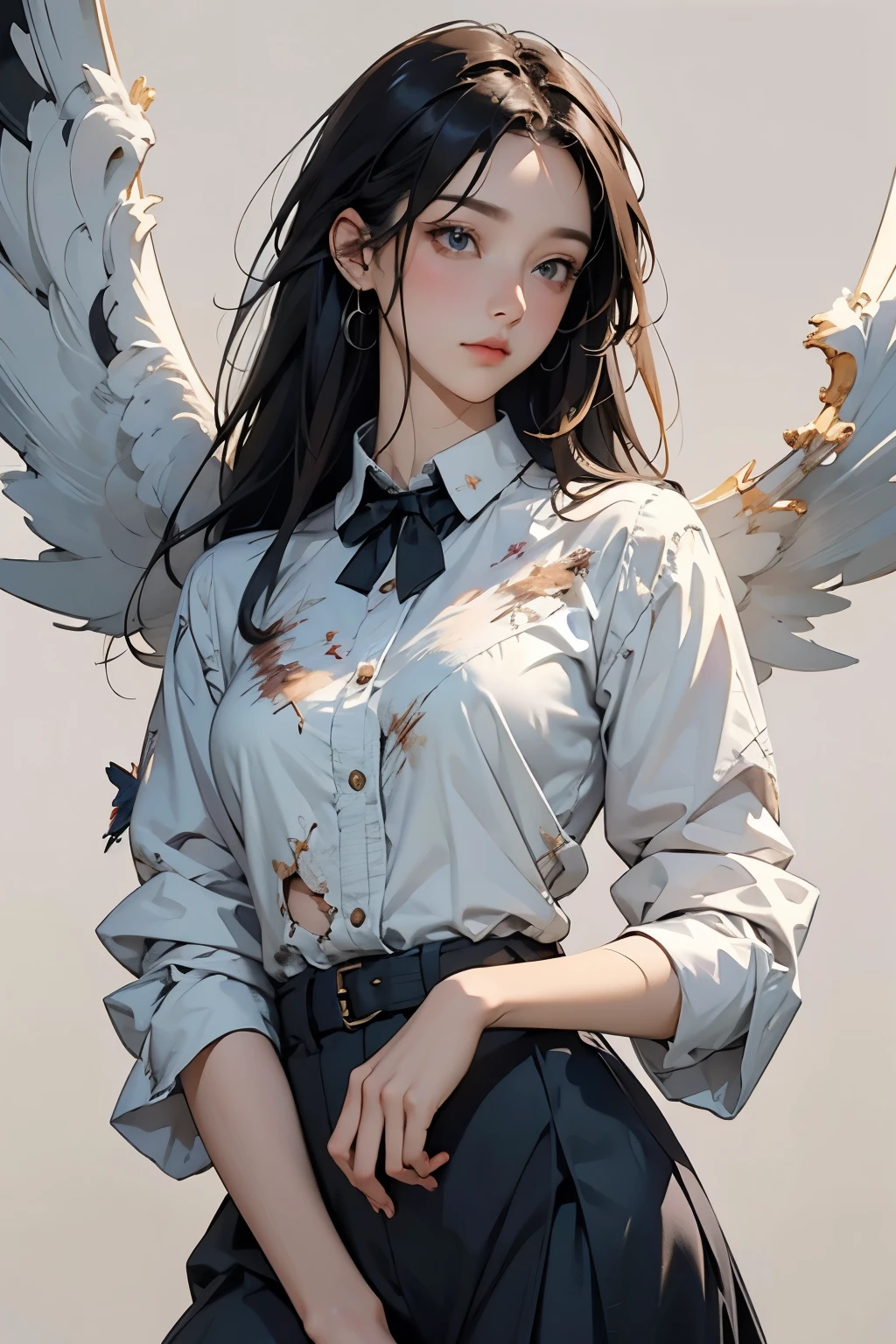 Angel with broken wings、(Tattered Wings:1.4)、sexy and cute、Tired look、((Artwork, Highest quality, High resolution)), ((Highly detailed 8K uniform CG wallpaper)), 