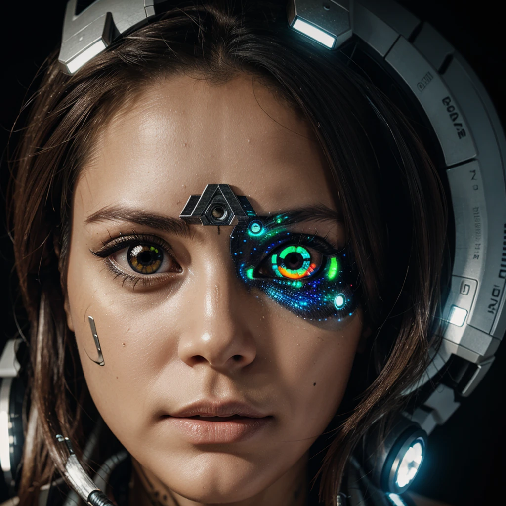 cyborg headshot, complex patterns in eyes that resemble the universe 