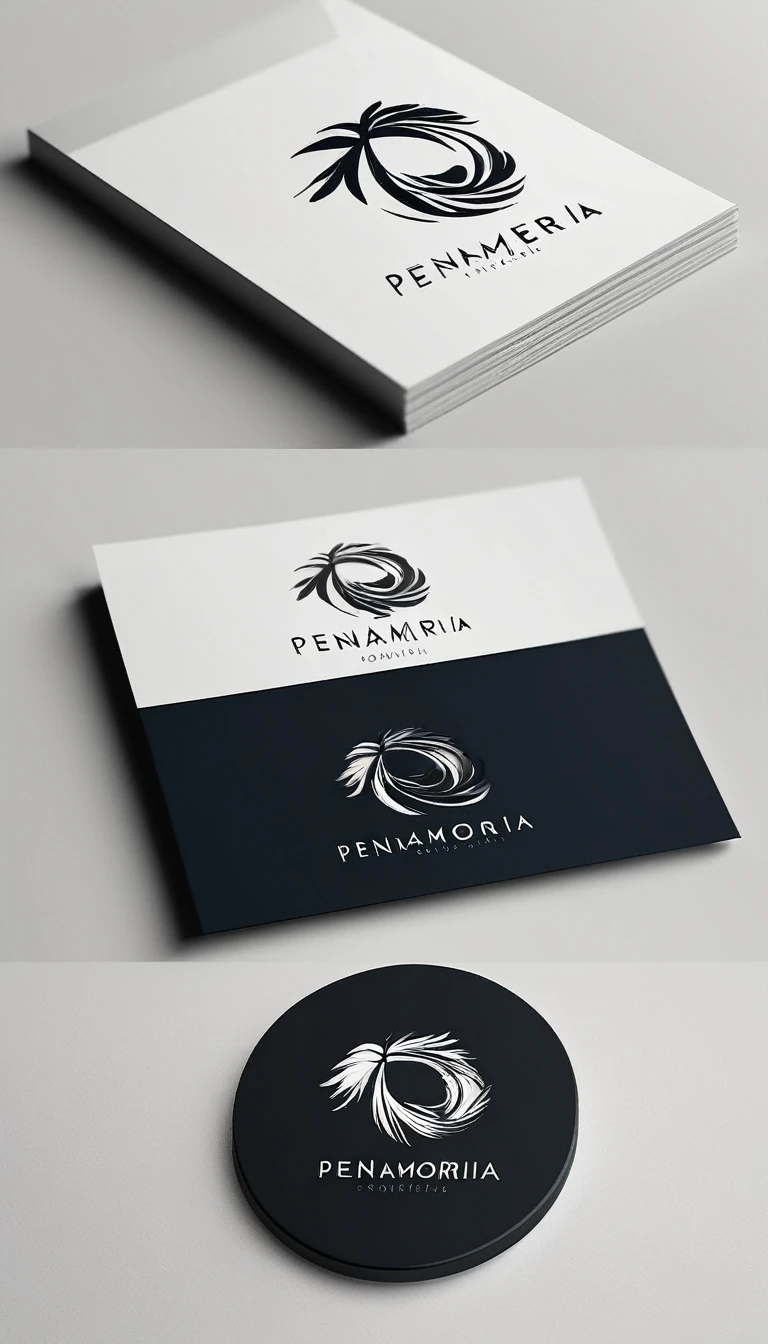 A minimal, modern, simple, cinematic logo design for the brand “Penamemoria". Create a modern, minimalistic, high-quality, logo of a feather-child