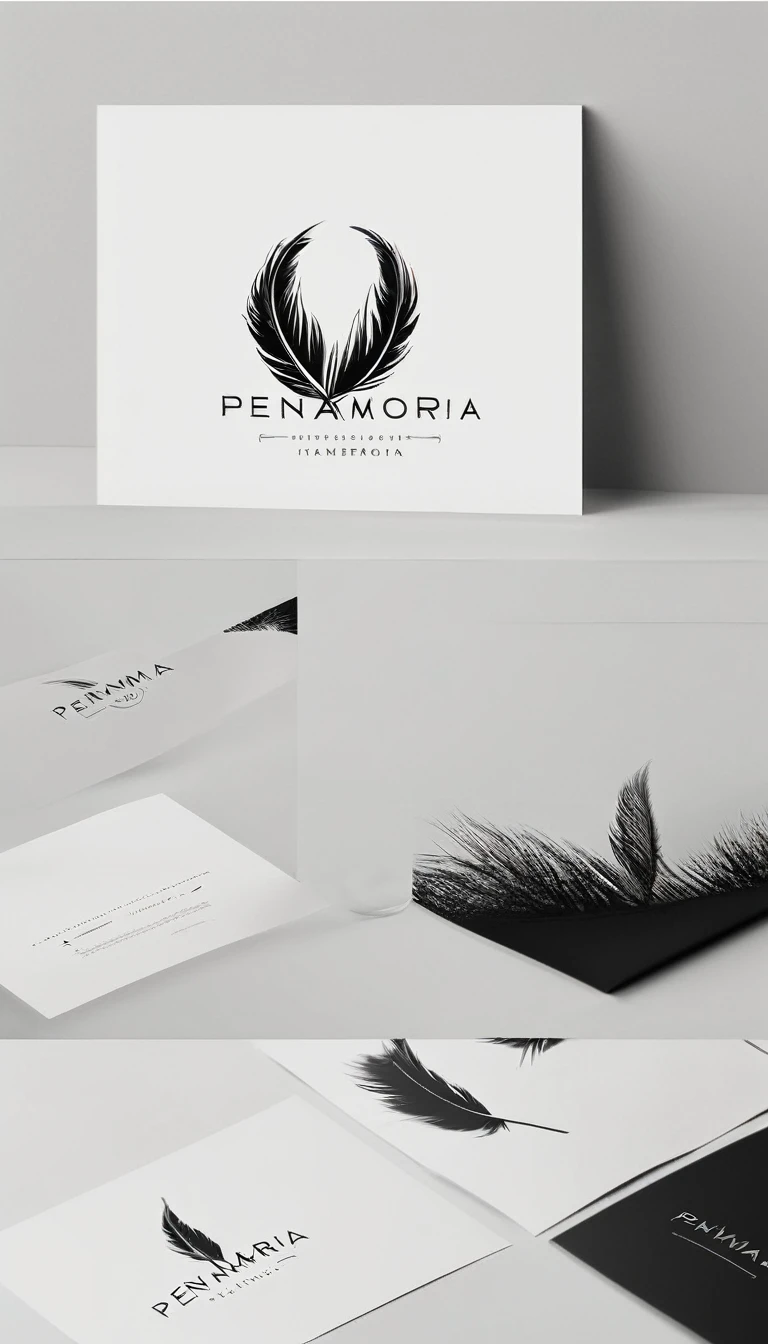 A minimal, modern, simple, cinematic logo design for the brand “Penamemoria". Create a modern, minimalistic, high-quality, logo of a feather-child