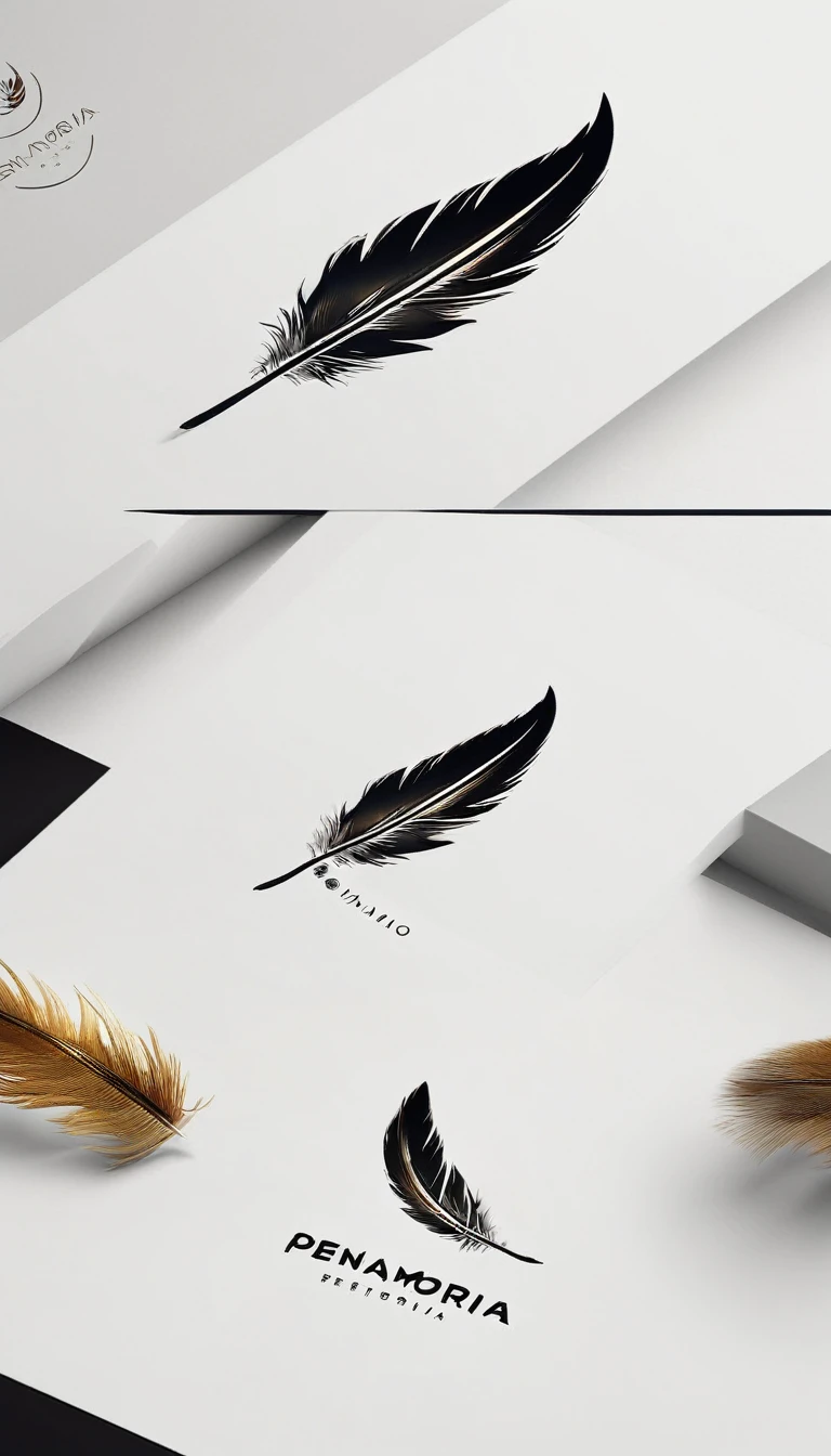 A minimal, modern, simple, cinematic logo design for the brand “Penamemoria". Create a modern, minimalistic, high-quality, logo of a feather-child