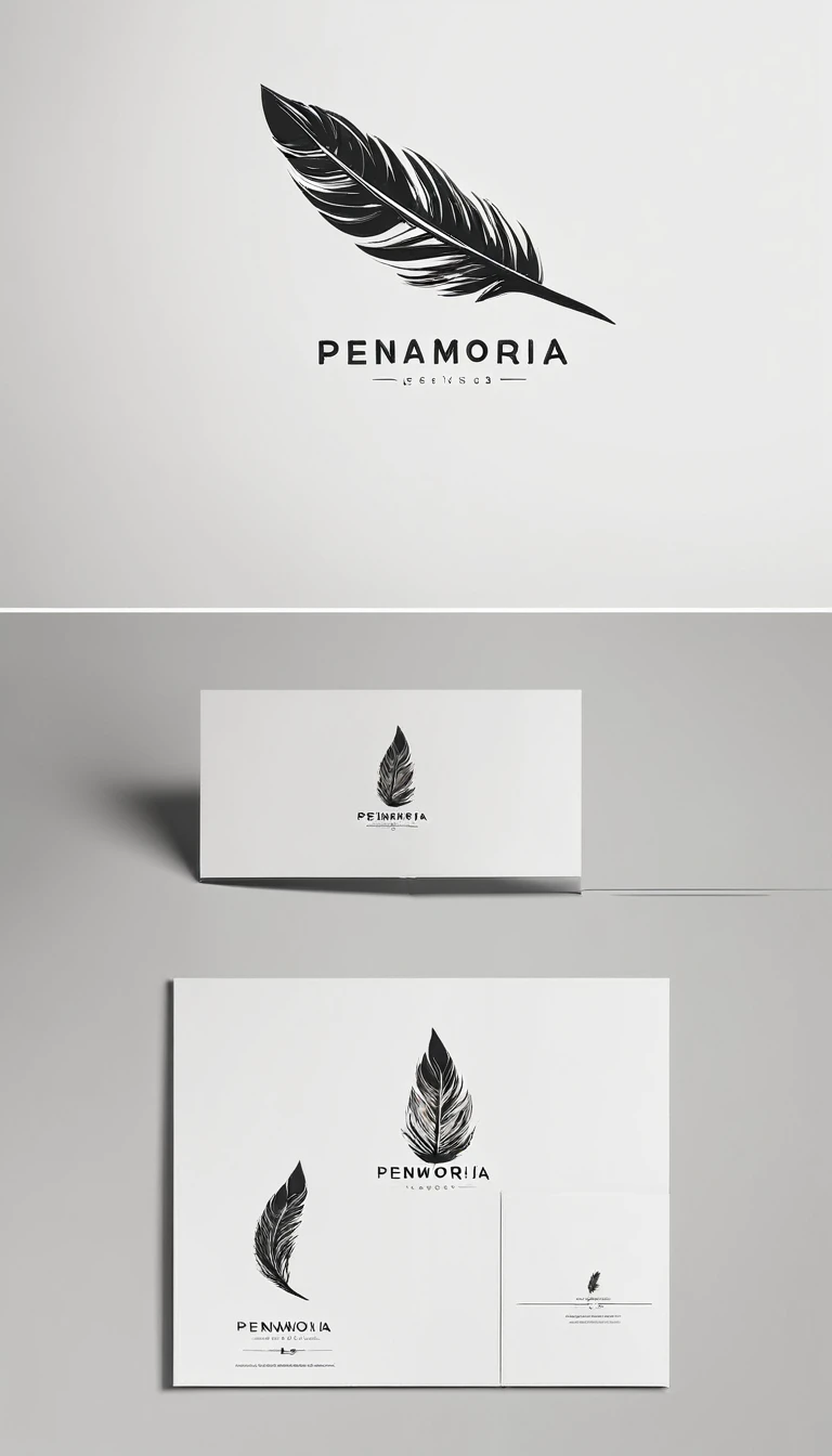 A minimal, modern, simple, cinematic logo design for the brand “Penamemoria". Create a modern, minimalistic, high-quality, logo of a feather-child