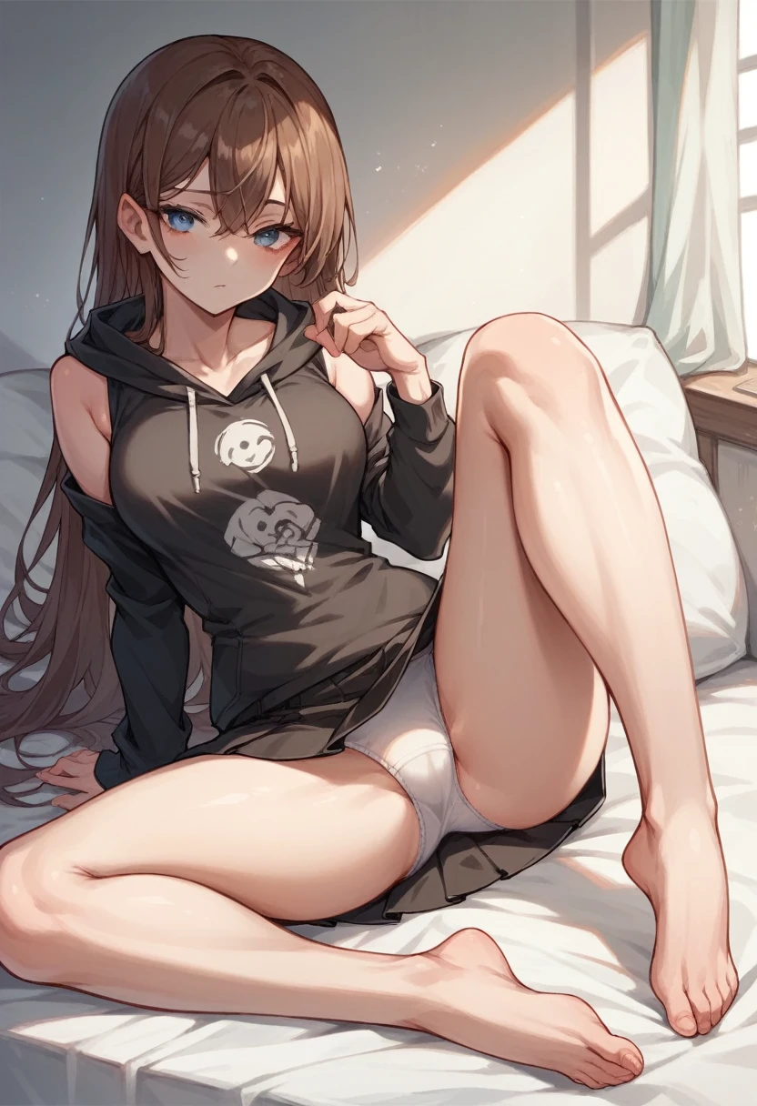 Brown hair long ninja girl hair longer than shoulders Long Hair Wearing a black hoodie and a black skirt White underwear White skin blue eyes With bangs Beautiful face Thin legs A little bit of cleavage is visible sitting on the bed Legs bent Anime Style
