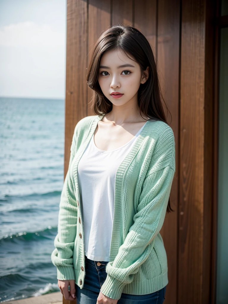 Beautiful woman on a beautiful sea background, Fluorescent light green see-through cardigan,