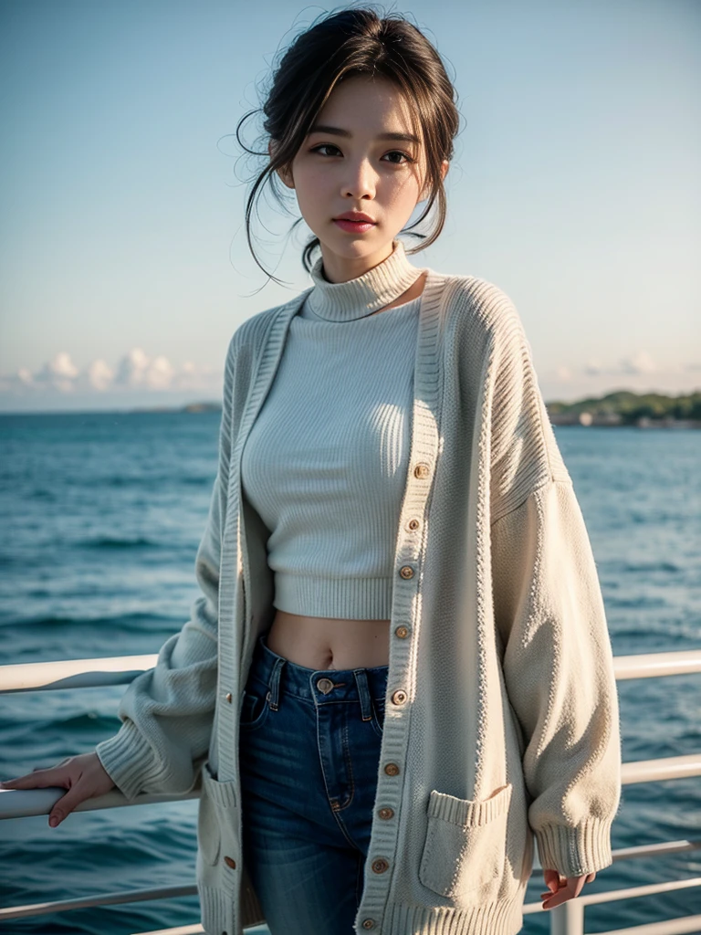 Beautiful woman on a beautiful sea background, Fluorescent light green see-through cardigan,