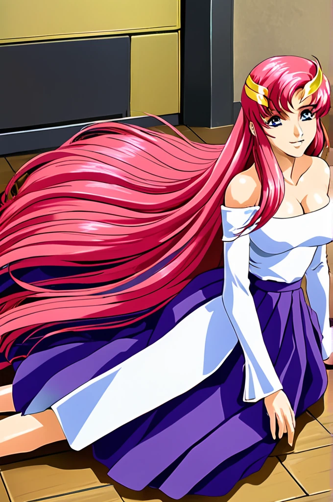 1980s \(style\),masterpiece, Highest quality, High resolution, anime, Lacus 1, One girl, alone, Pink Hair, Straight hair, hair ornaments, White sleeves, blue eyes, White Dress, Purple Skirt, Long skirt, Very long hair, Bare shoulders, Large Breasts, smile, Gundam, On the floor,retro artstyle,