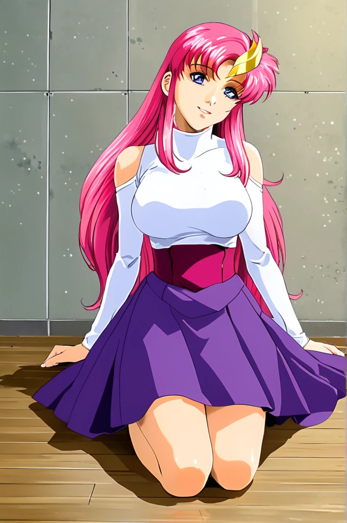 1980s \(style\),masterpiece, Highest quality, High resolution, anime, Lacus 1, One girl, alone, Pink Hair, Straight hair, hair ornaments, White sleeves, blue eyes, White Dress, Purple Skirt, Long skirt, Very long hair, Bare shoulders, Large Breasts, smile, Gundam, On the floor,retro artstyle,