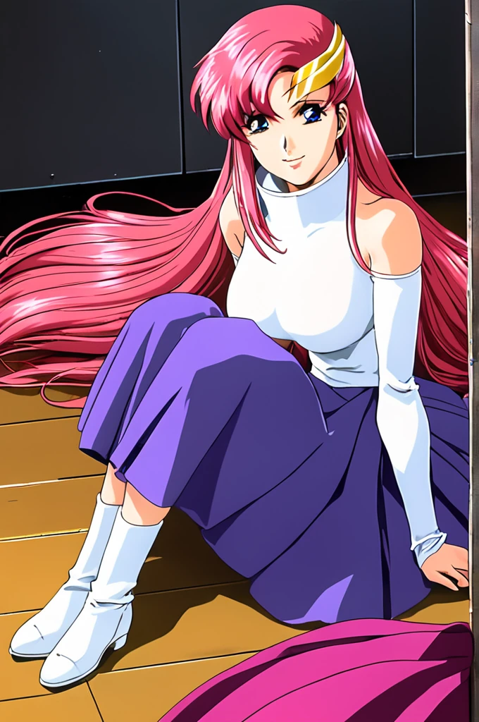 1980s \(style\),masterpiece, Highest quality, High resolution, anime, Lacus 1, One girl, alone, Pink Hair, Straight hair, hair ornaments, White sleeves, blue eyes, White Dress, Purple Skirt, Long skirt, Very long hair, Bare shoulders, Large Breasts, smile, Gundam, On the floor,retro artstyle,