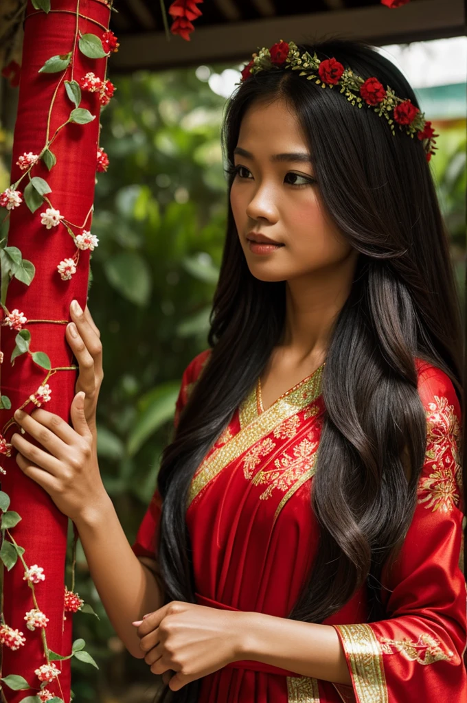 A woman with long hair wearing a red Thai dress holds a garland.