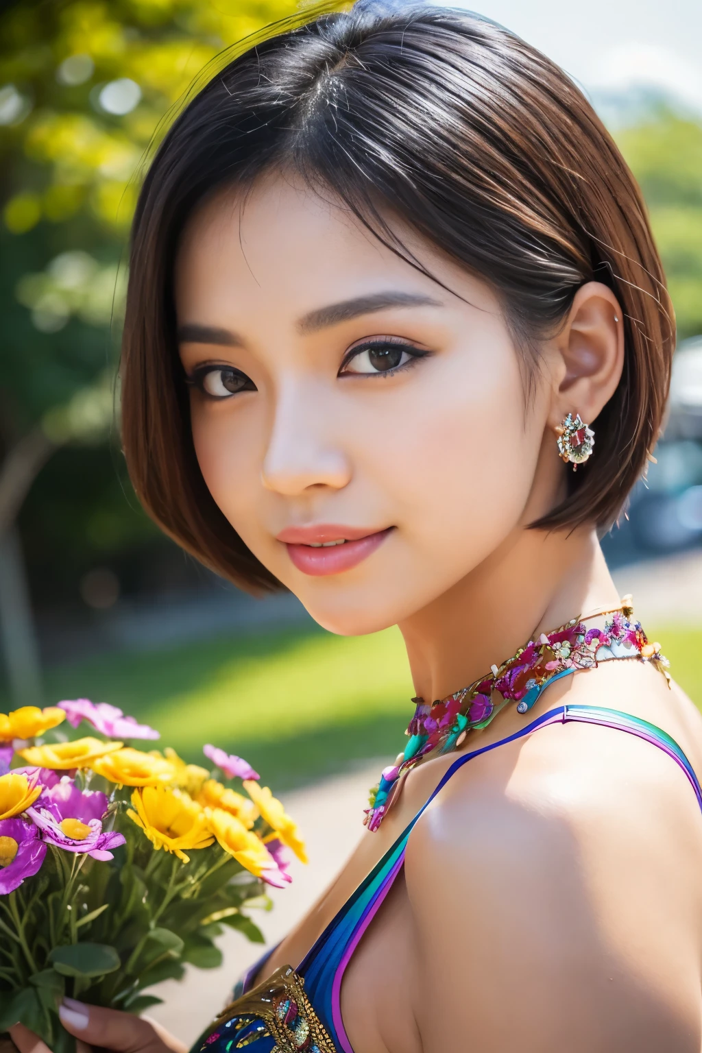 (masterpiece:1.4), (best quality:1.4), ultra high res, ultra high resolution, ((detailed facial features)), HDR, (realistic, photorealistic, photo-realistic:1.37), full body posture, sexy seductive Thai woman, (seductive smile), (slim girl), long lashes, beautiful makeup, ((dramatic multicolor short hair)), fair skin, wearing large sparkling colorful jewelery, wearing a red cosplay dress with black floral embroidery, ultra detailed exotic rainbow-colored butterflies flutter around, it is in a Eastern setting, crude amusement park in background, lush garden and city, sunny, in focus, gentle sunlight shining through the background scene, casting a soft glow on her face, adding warmth to the scene, vibrant colors, capturing the essence of vibrant city life, portrait style, showcasing her natural beauty and grace in a feminine way