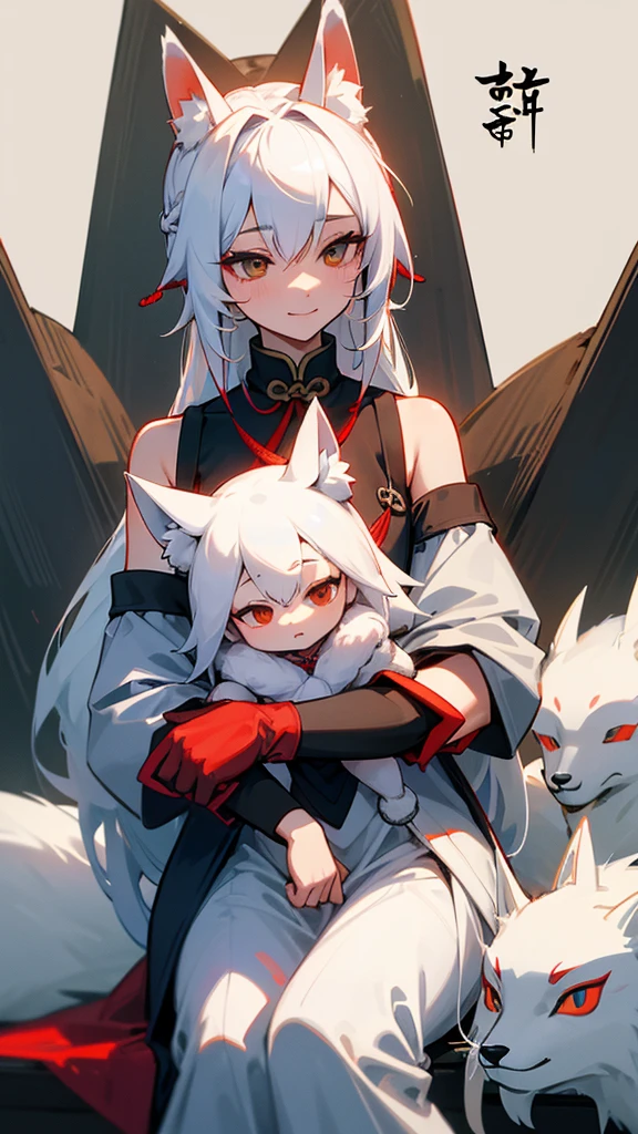 A fox girl image:Work clothes,new Chinese style;Everyday wear,Try various modern styles。White hair。Big fox ears in front of the morning(Refer to the current Daling avatar),Human ears covered by hair and red braided rope,Appears as a hair tie、Work performance is post-production、Daily performance is side braid、The fox is represented as a collar,The arms, shoulders and neck have technological patterns。Holding a compass。Weird and funny words;Low sense of humor in communication;Expressing chatterbox,Easy to immerse yourself;Comprehension is a bit funny,Because we are exploring modern human society。,The background is antique,Sitting down reclining,Expression smile,Pupil royal blue
