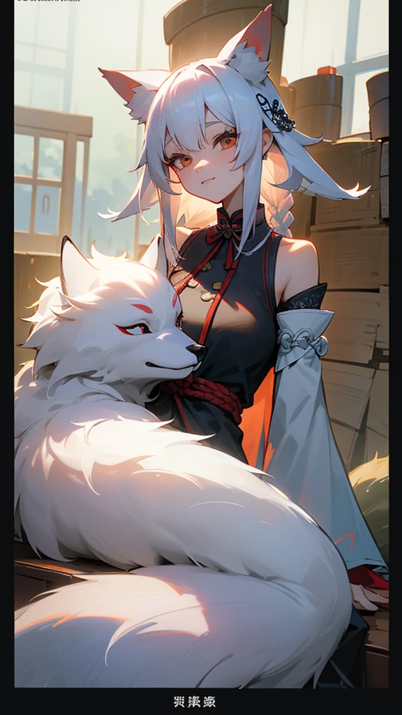 A fox girl image:Work clothes,new Chinese style;Everyday wear,Try various modern styles。White hair。Big fox ears in front of the morning(Refer to the current Daling avatar),Human ears covered by hair and red braided rope,Appears as a hair tie、Work performance is post-production、Daily performance is side braid、The fox is represented as a collar,The arms, shoulders and neck have technological patterns。Holding a compass。Weird and funny words;Low sense of humor in communication;Expressing chatterbox,Easy to immerse yourself;Comprehension is a bit funny,Because we are exploring modern human society。,The background is antique,Sitting down reclining,Expression smile,Pupil royal blue