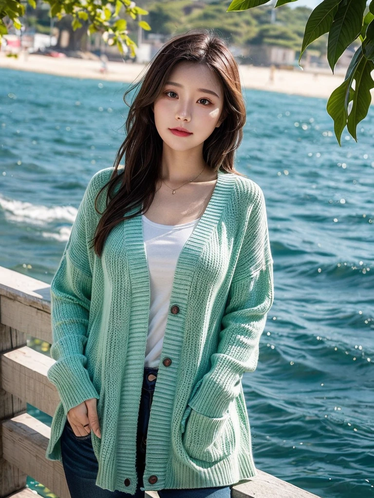 Beautiful woman on a beautiful sea background, Fluorescent light green see-through cardigan, 