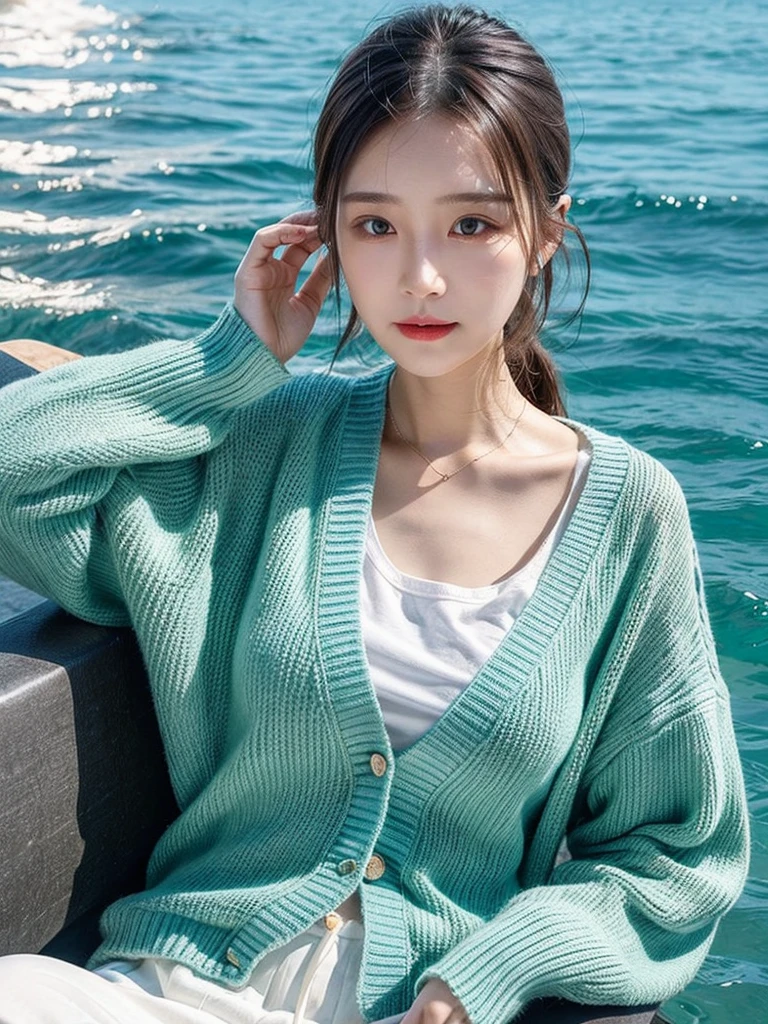 Beautiful woman on a beautiful sea background, Fluorescent light green see-through cardigan, 