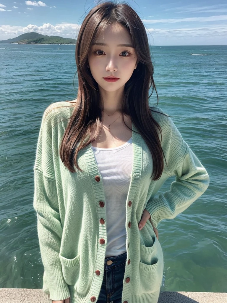 Beautiful woman on a beautiful sea background, Fluorescent light green see-through cardigan, 