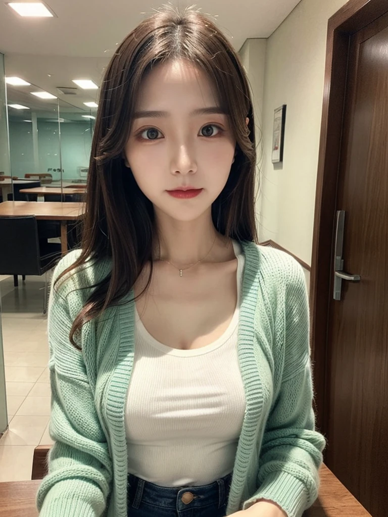 Beautiful woman on a beautiful sea background, Fluorescent light green see-through cardigan, 