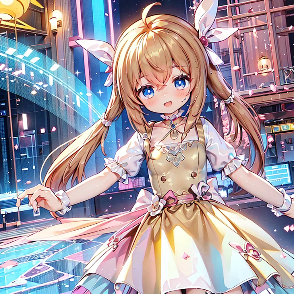 masterpiece, best quality, CG wallpaper, 8k, girl, solo, cute, petite, Blue eyes, brown twintail, (yellow dress), open mouth smile, look away, dynamic angle, glitch, neon and led lights, stand in front of viewer