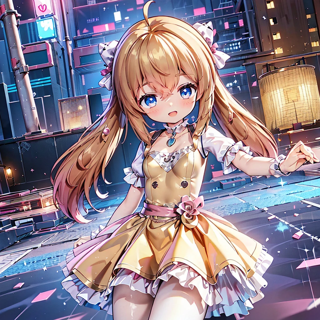 masterpiece, best quality, CG wallpaper, 8k, girl, solo, cute, petite, Blue eyes, brown twintail, (yellow dress), open mouth smile, look away, dynamic angle, glitch, neon and led lights, stand in front of viewer