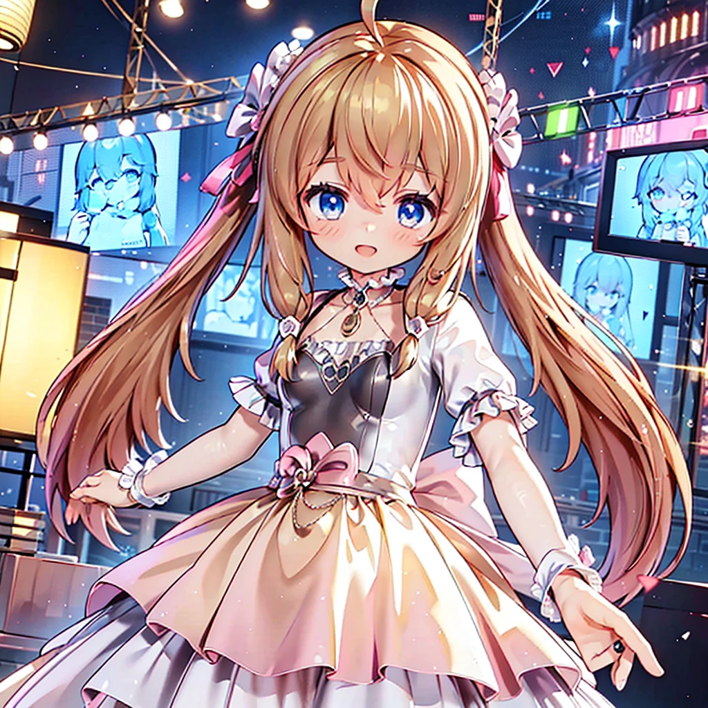 masterpiece, best quality, CG wallpaper, 8k, girl, solo,  cute, petite, Blue eyes, brown twintail, (yellow dress), open mouth smile, look away, dynamic angle, glitch, neon and led lights, stand in front of viewer
