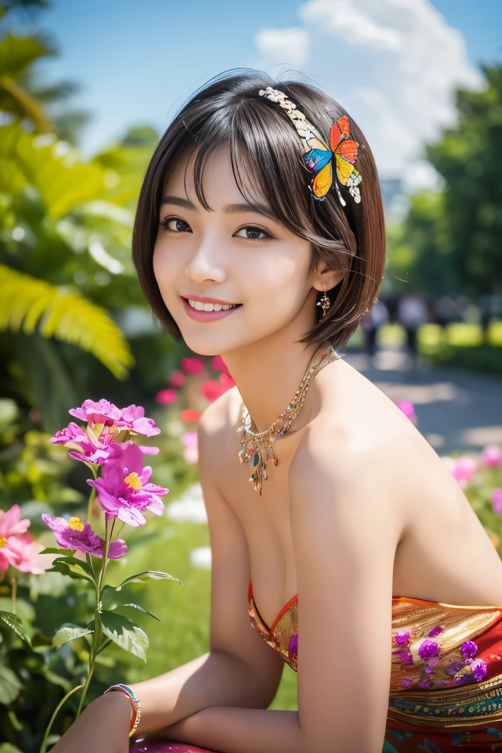 (masterpiece:1.4), (best quality:1.4), ultra high res, ultra high resolution, ((detailed facial features)), HDR, (realistic, photorealistic, photo-realistic:1.37), full body posture, sexy seductive Thai woman, (seductive smile), (slim girl), long lashes, beautiful makeup, ((dramatic multicolor short hair)), fair skin, wearing large sparkling colorful jewelery, wearing a red cosplay dress with black floral embroidery, ultra detailed exotic rainbow-colored butterflies flutter around, it is in a Eastern setting, crude amusement park in background, lush garden and city, sunny, in focus, gentle sunlight shining through the background scene, casting a soft glow on her face, adding warmth to the scene, vibrant colors, capturing the essence of vibrant city life, portrait style, showcasing her natural beauty and grace in a feminine way