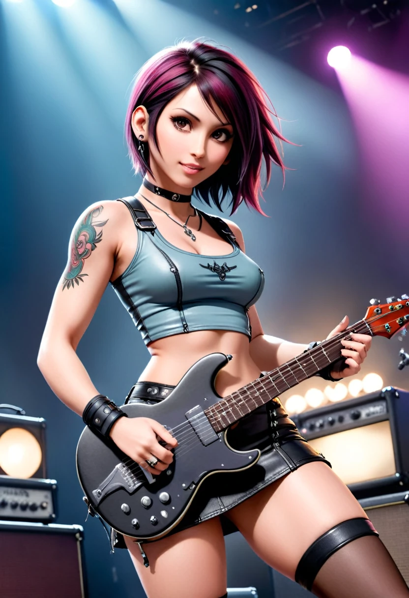 (Realisttic:1.2), analog photo style, (cute Tifa Lockhart, playing  guitar), detailed face and eyes, best quality textures, punk style, leather skirt, tattoo on left shoulder, headphones, cinematic lighting, cgi, colored bob hair, perfect anatomy, in concert, hairshakes, great dinamic photo, great quality, Masterpiece, intricate steam body, rock'n'roll  aesthetic, 16k quality, analog photo style, RAW photo