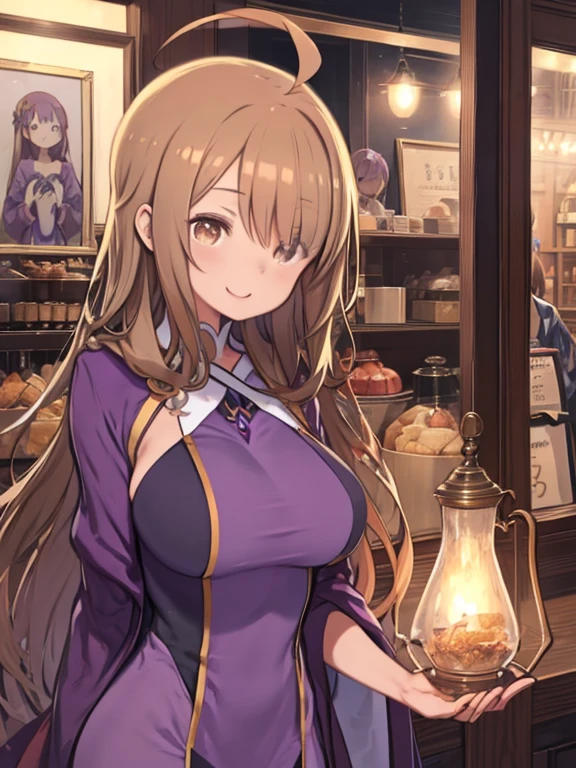 One Girl、A blessing to this wonderful world！、KonoSuba、With、Wiz, ahoge, (brown eyes:1.7), light brown hair, (hair over one eye:1.5), long hair, (large breast:1.2)、cross, dress, hood, hood down, jewelry, latin cross, long dress, long sleeves, (purple dress:1.5), gown, (purple gown:1.5)、Antique shop、A store that sells magic items、Big Breasts、Huge breasts、Smiling、