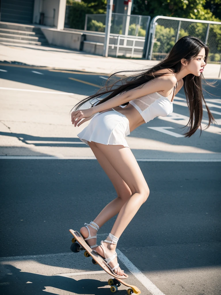 Realistic photos of real people, high quality, full colors. Young Asian beauty. She has long flowing brown and black hair, delicate facial features, plump body and long legs. Wear a white fishnet tube top, a white fishnet low-waisted mini skirt, thigh straps, and strappy sandals. The background is a high-speed skateboarding venue, and the girl is jumping on the skateboard. Shot from a low angle, full body shot, focus on the girl, 24mm wide-angle lens.