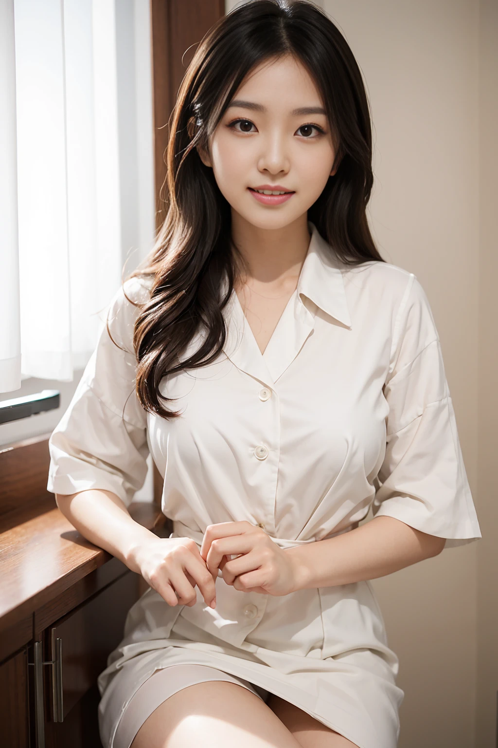 Create a close-up image of a beautiful Japanese female dental hygienist with a seductive smile。She was wearing a tight dental hygienist uniform.、プロフェッショナルさとcharmを強調しています。Her hair was neatly tied up.、She has an elegant look with her medium wavy hair style.。The background is a softly blurred dental clinic、The warm lighting highlights her features.。The makeup is perfect、特に目と唇に重点を置いて彼女のcharmを引き立てています。Confident、She has a slightly mysterious look、Elegance、charm、And it creates a professional atmosphere.。It fits her body perfectly、Show off your curves but still look polished and professional。makes her silhouette look elegant、Make sure to highlight her style。