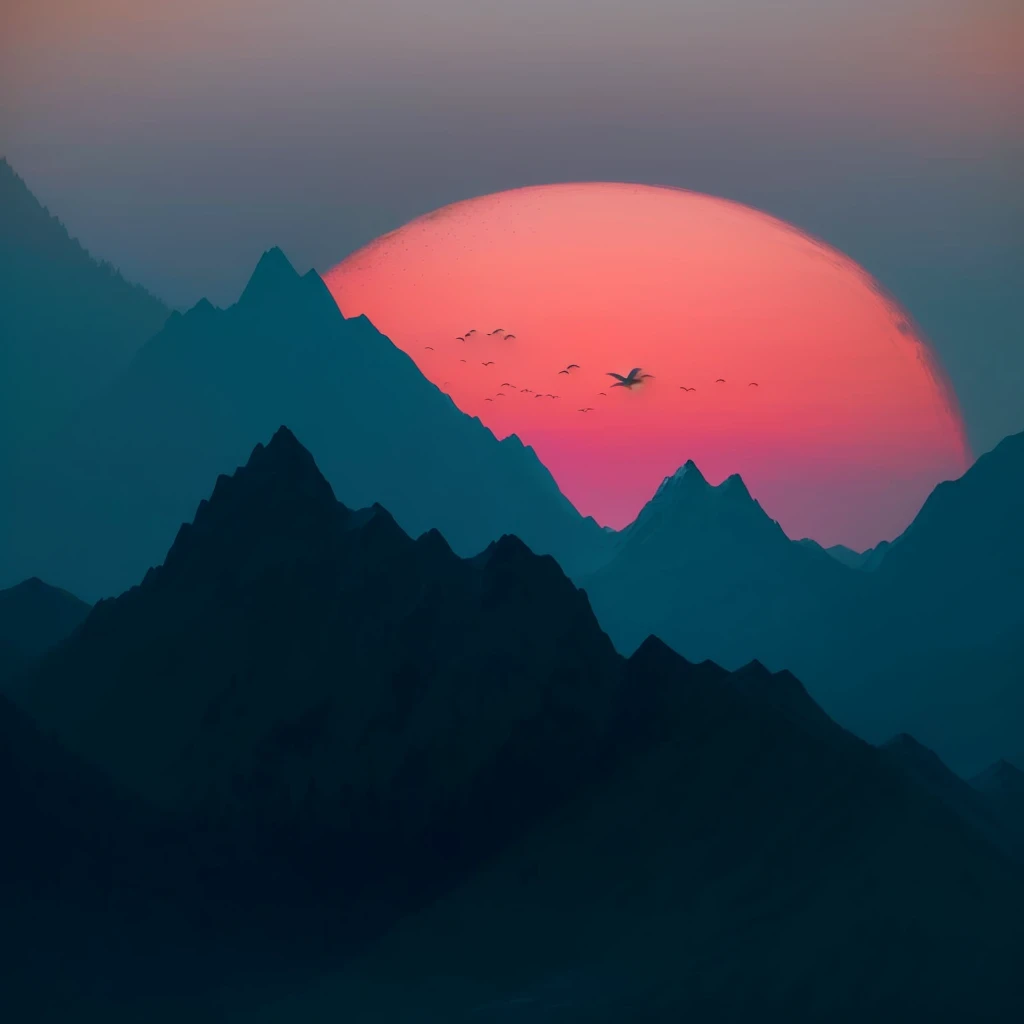 Mountains with birds flying in the sky at sunset, Mountain Sunrise, Mountains and sunset!!, sunset illustration, sun rises between two Mountains, Mountains and colorful sunset!!, Mountainscape, Mountains in a background, Beautiful sunset, Sun sunset, Sunset Sunrise, Mountains, Sunset in the valley, Mountains, Beautiful sunset, Beautiful sunrise, Sunset view, author：Andrei Kolkoutine