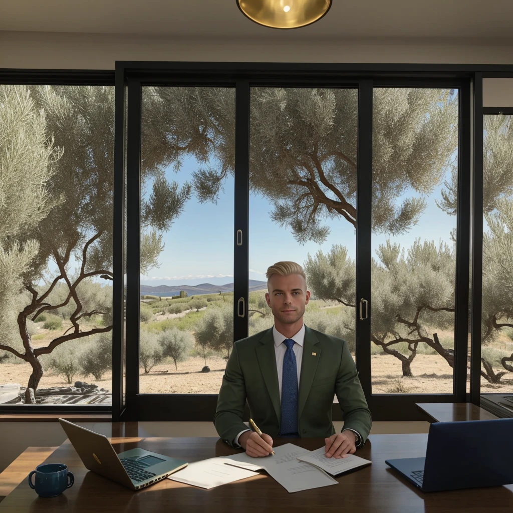 Shaved blonde man with blue eyes doing video conference in olive green suit with a laptop in a classic dark blue living room with gold trim. He has several papers on the table with a green circle. Through the window you can see a field of olive trees with people working and a small ship.. Behind him he has a painting with a photo with his son in the olive grove.. A text document is seen on the computer screen.