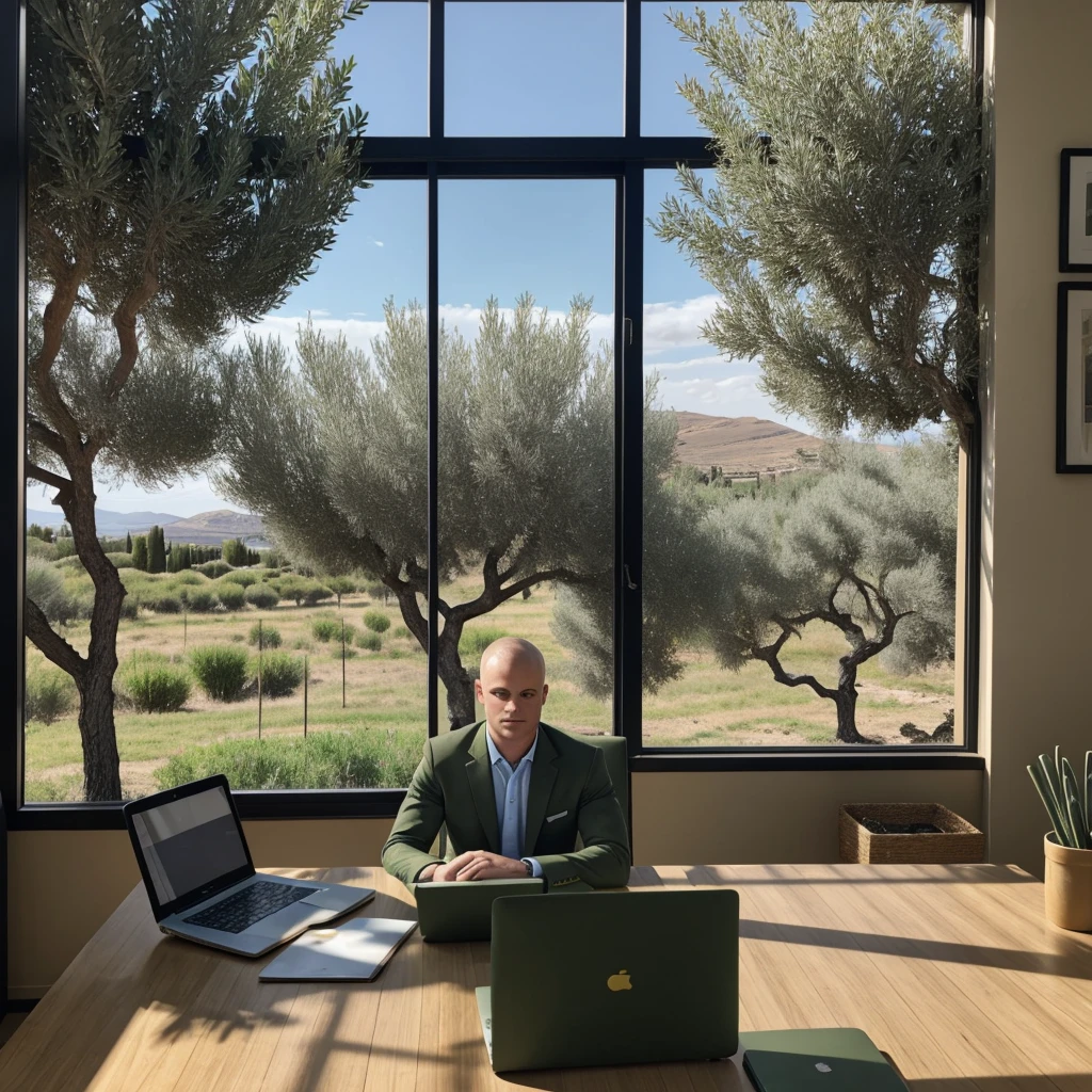 Shaved blonde man with blue eyes doing video conference in olive green suit with a laptop in a classic dark blue living room with gold trim. He has several papers on the table with a green circle. Through the window you can see a field of olive trees with people working and a small ship.. Behind him he has a painting with a photo with his son in the olive grove.. A text document is seen on the computer screen.