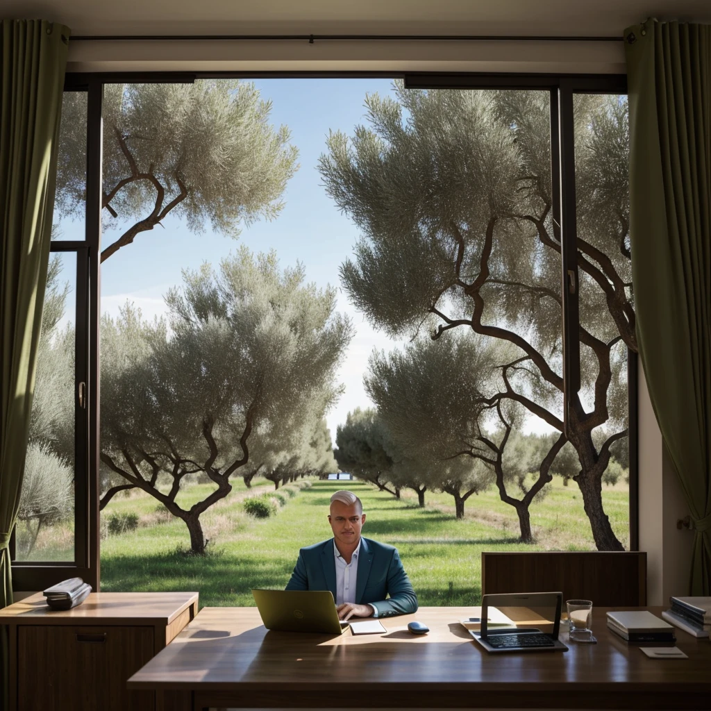 Shaved blonde man with blue eyes doing video conference in olive green suit with a laptop in a classic dark blue living room with gold trim. He has several papers on the table with a green circle. Through the window you can see a field of olive trees with people working and a small ship.. Behind him he has a painting with a photo with his son in the olive grove.. A text document is seen on the computer screen.