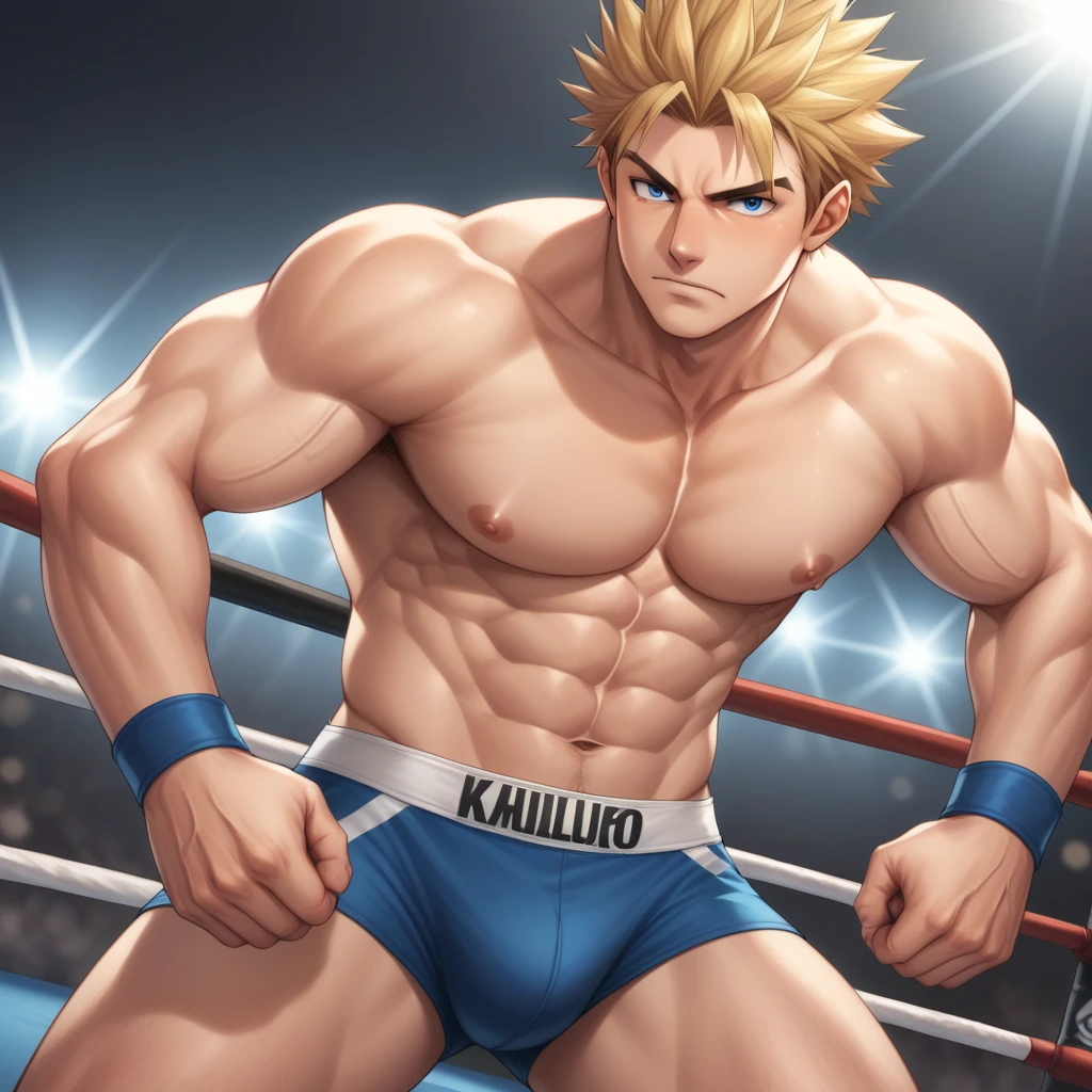 score_9, score_8_up, score_7_up, source_anime, score_6_up, score_5_up, score_4_up, BREAK 1guy, heavy weight muscular, black wrestling brief, solo, topless, blonde, fighting stance, hollywood action, masculine handsome guy, tsurime, sanpaku, blue eyes, spiked hair, nipples, abs, male high ratio body proportions, dramatic expression, dutch angle, on wrestling ring, stocky waist, muscular plump, 1990s, [[[[[cinematic shadows, cinematic lighting, lens flare, light leaks]]]]], VHS Quality