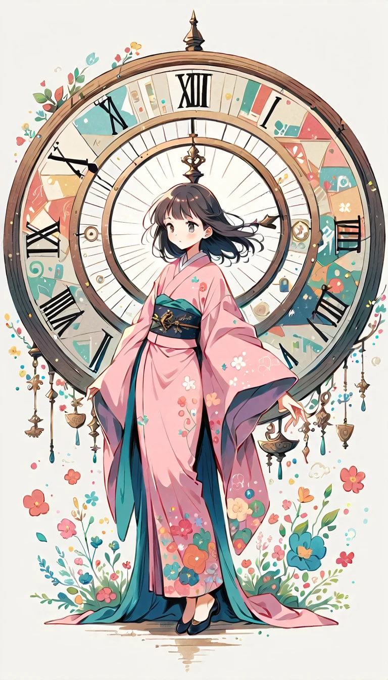 white background, Fujichoco style, pink kimono, (((The Most Beautiful Girl))),  gray hair, ((giant clock)), simple background, full body, Simple line initialism, 