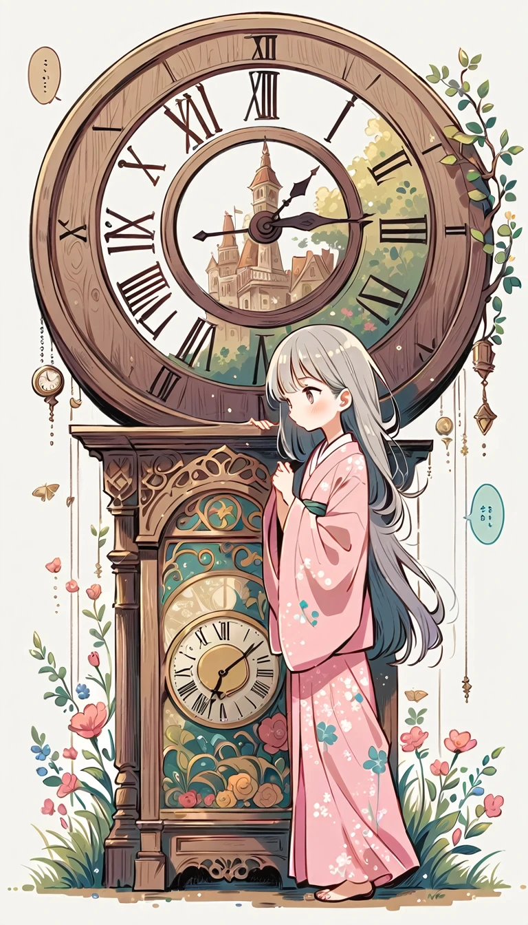 white background, Fujichoco style, pink kimono, (((The Most Beautiful Girl))),  gray hair, ((giant clock)), simple background, full body, Simple line initialism, 