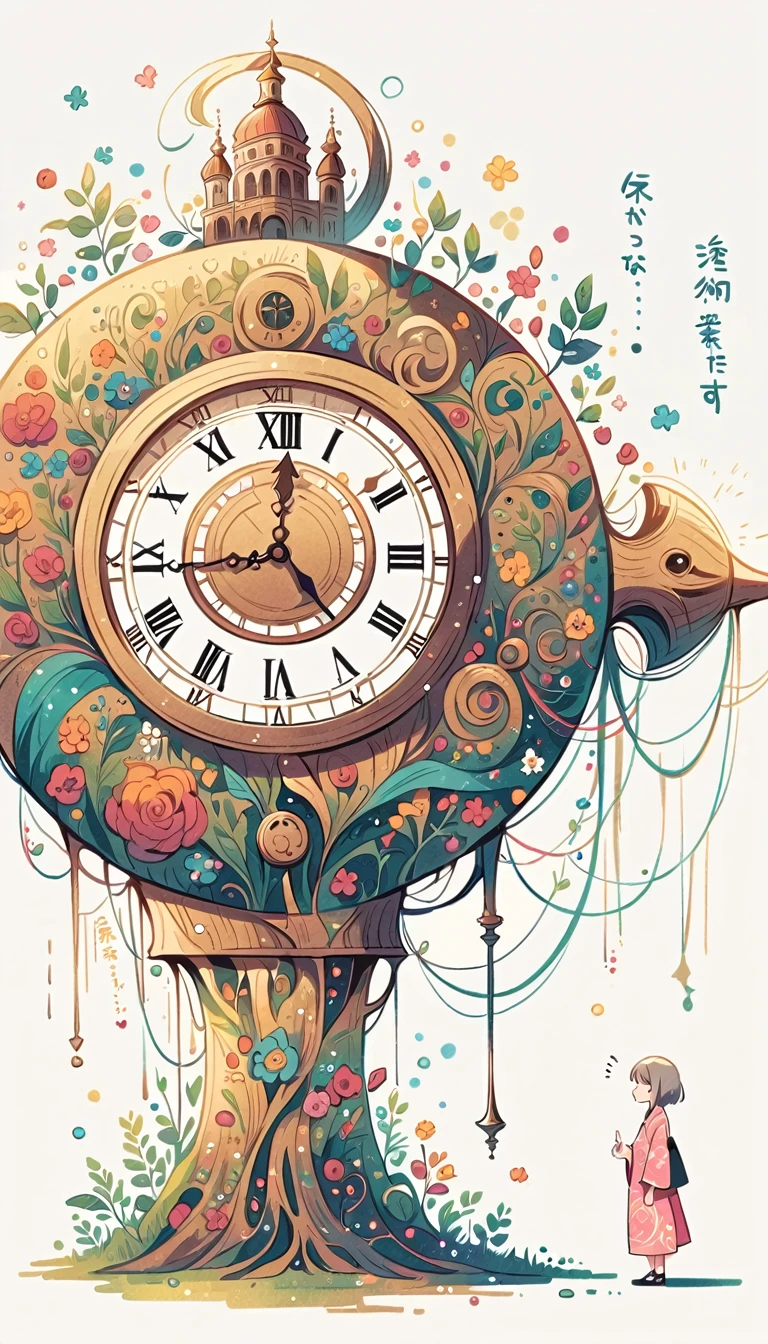 white background, Fujichoco style, pink kimono, (((The Most Beautiful Girl))), gray hair, ((giant clock)), simple background, full body, Simple line initialism,