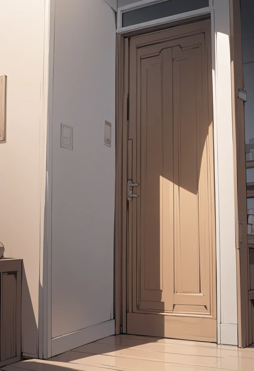 masterpiece, best quality, very aesthetic, absurdres, flat anime, 2D, anime taste, anime paint, (2d illustration:1.2), simple door, door is closed