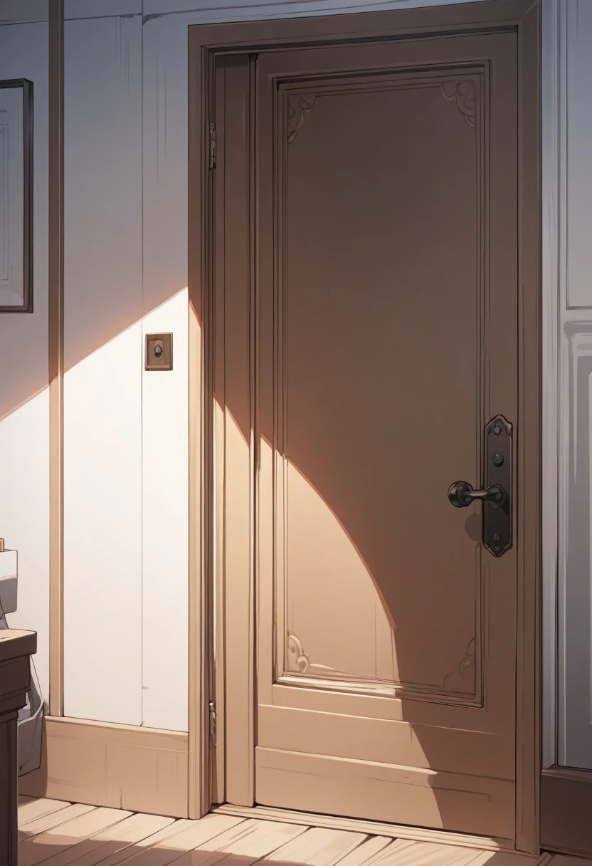 masterpiece, best quality, very aesthetic, absurdres, flat anime, 2D, anime taste, anime paint, (2d illustration:1.2), simple door, door is closed