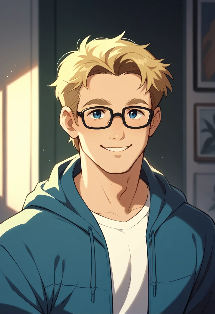 Human Male, Blonde hair , wearing blue zip  hoodie, wearing Glasses  , cute Smile  , white shirt 