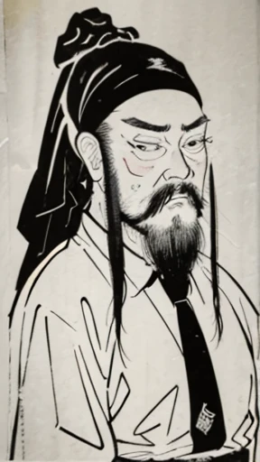 (((Monochrome)))、(((Tie your hair up、bearded young man wearing a black swimming cap)))、（（Men in ancient China））、（Ink Painting）、Highest quality、masterpiece、Ultra-high resolution、(Realistic:1.4)、Game Poster、The Three Bearded Men of the Kingdom,Oriental、As seen in the Romance of the Three Kingdoms々military commander、Crisp and beautiful image quality ,(Skin of color)、 gloves, Long trousers, (Very detailed, bloom:1.5), (Highest quality, Concept Art, 4K), (analog:1.2), (high sharpness), (Detailed pupil:1.1),, Detailed face and eyes, masterpiece, Highest quality, (Very detailed:1.1), 8k, photoRealistic, (PurerosFace_v1:0.2), [:(Detailed face:1.2):0.2], sharp, Realistic, Realistic Shadow, 