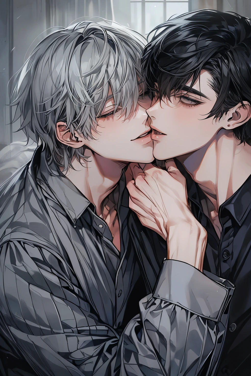 (masterpiece), (Highest quality), Very detailed, ((Two men kissing:1.5)), Perfect Face, Beautiful Face, Very detailedな顔，(Black-haired man:1.3)，(Grey-haired man:1.3)、shirt、smile