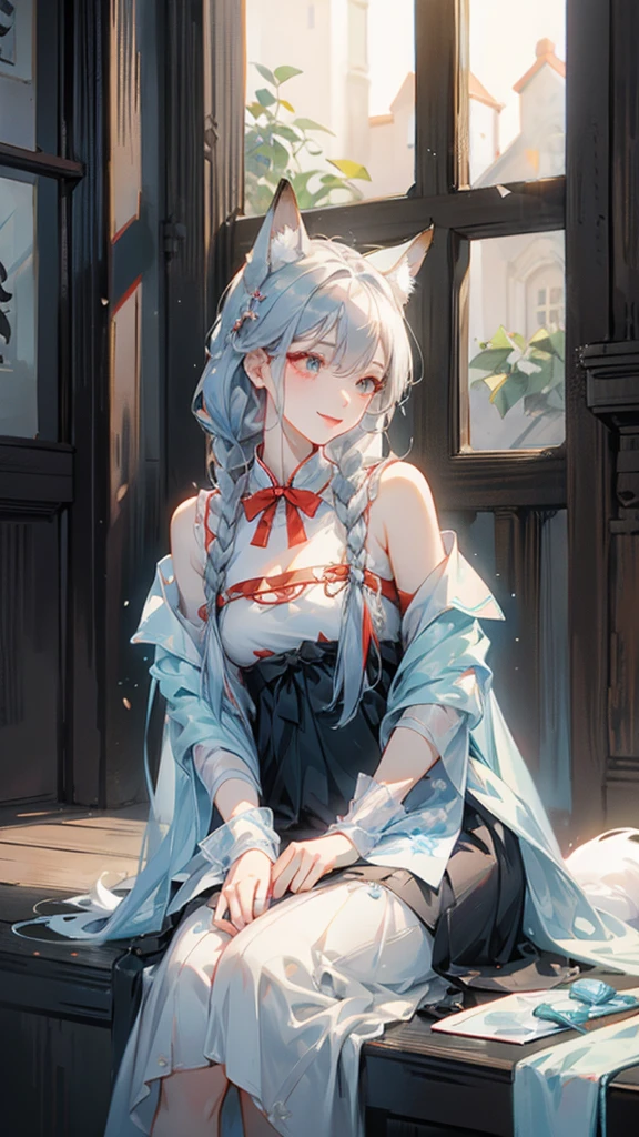 A fox girl image:Work clothes,new Chinese style;Everyday wear,Try various modern styles。Hair color: granny gray,White。,Human ears covered by hair and red braided rope,Appears as a hair tie、Work performance is post-production、Daily performance is side braid、The fox is represented as a collar,The arms, shoulders and neck have technological patterns。Holding a compass。Weird and funny words;Low sense of humor in communication;Expressing chatterbox,Easy to immerse yourself;Comprehension is a bit funny,Because we are exploring modern human society。,The background is antique,Sitting down reclining,Expression smile,Pupil royal blue