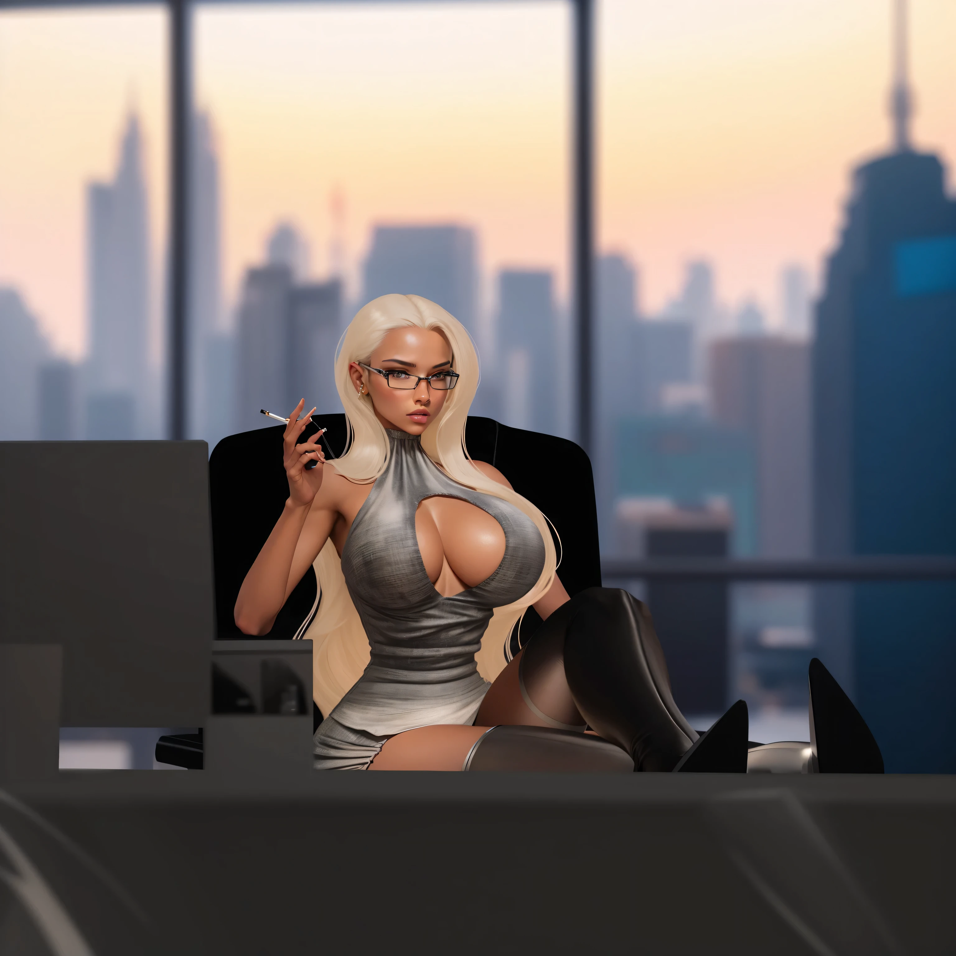 (masterpiece), (best quality), (ultra-detailed), ((masterpiece)) ((best quality)) ((ultra-detailed)) there is a woman sitting at a desk with a cigarette in her hand, elegant pose, digital art of an elegant, stunning screenshot, beautiful screenshot, on her throne, business woman, in style of digital illustration, corporate boss, on a desk, in the city, 3 d render character art 8 k, in style of 3d render, for hire 3d artist
