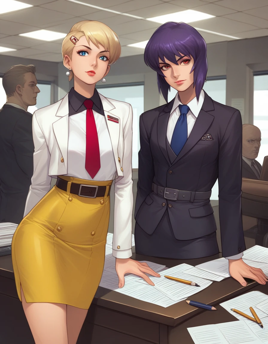 score_9, score_8_up, score_7_up, score_6_up, score_5_up, score_4_up,
kusanagi motoko, military, military uniform, red tie, yellow skirt suit, ribbon bar, sam browne belt,
looking at viewer, office, skirt suit, (((three-piece suit))), (((dress shirt))), (((necktie))), (((black blazer))), (((suit jacket))), (((waistcoat))), double-breasted waistcoat, (((bodycon pencil skirt))), pocket square, cufflinks, tie clip, tight clothing, formal clothing, makeup, lipstick, eyeshadow, mascara, slender figure, tailored suit,,