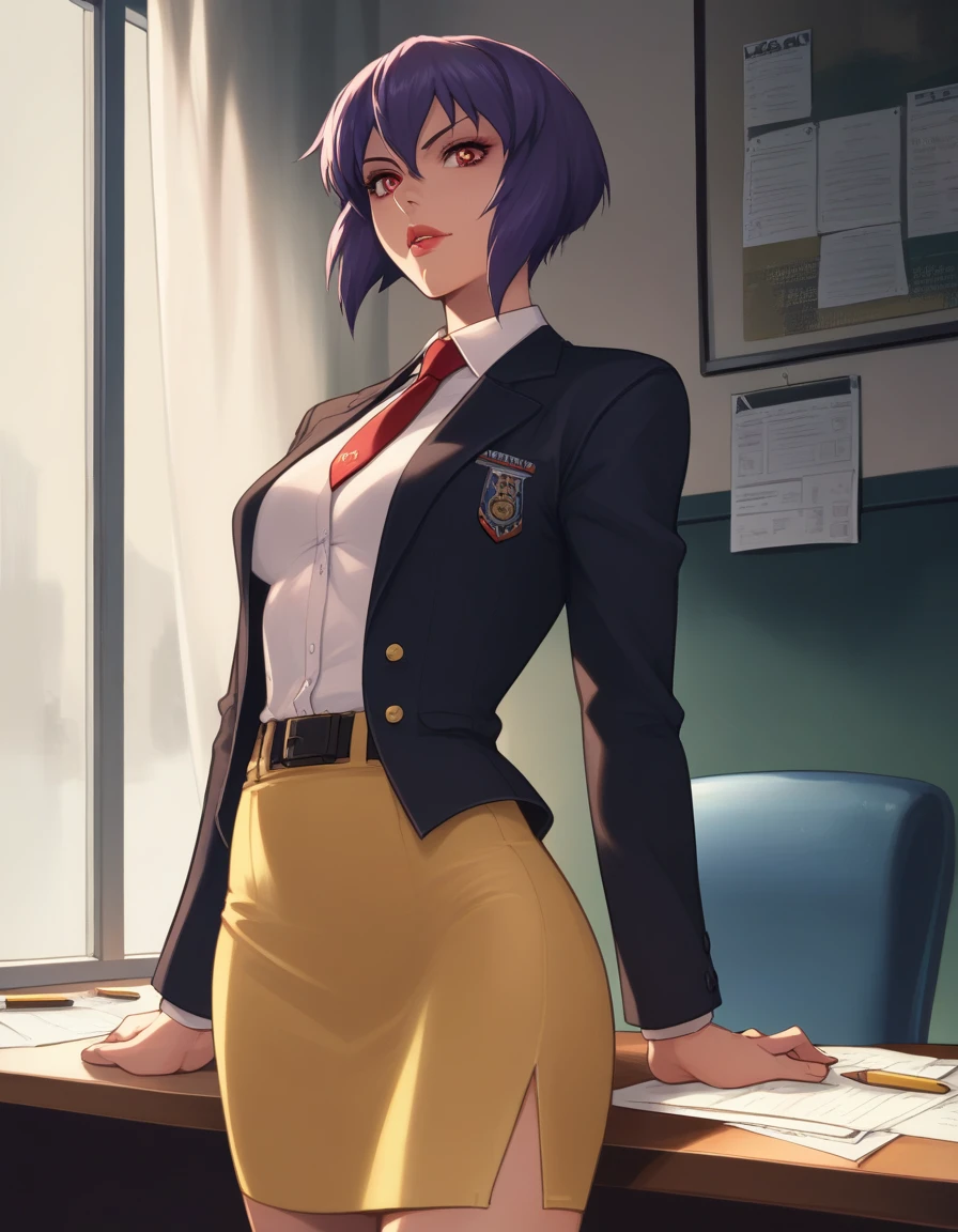 score_9, score_8_up, score_7_up, score_6_up, score_5_up, score_4_up,
kusanagi motoko, military, military uniform, red tie, yellow skirt suit, ribbon bar, sam browne belt,
looking at viewer, office, skirt suit, (((three-piece suit))), (((dress shirt))), (((necktie))), (((black blazer))), (((suit jacket))), (((waistcoat))), double-breasted waistcoat, (((bodycon pencil skirt))), pocket square, cufflinks, tie clip, tight clothing, formal clothing, makeup, lipstick, eyeshadow, mascara, slender figure, tailored suit,,