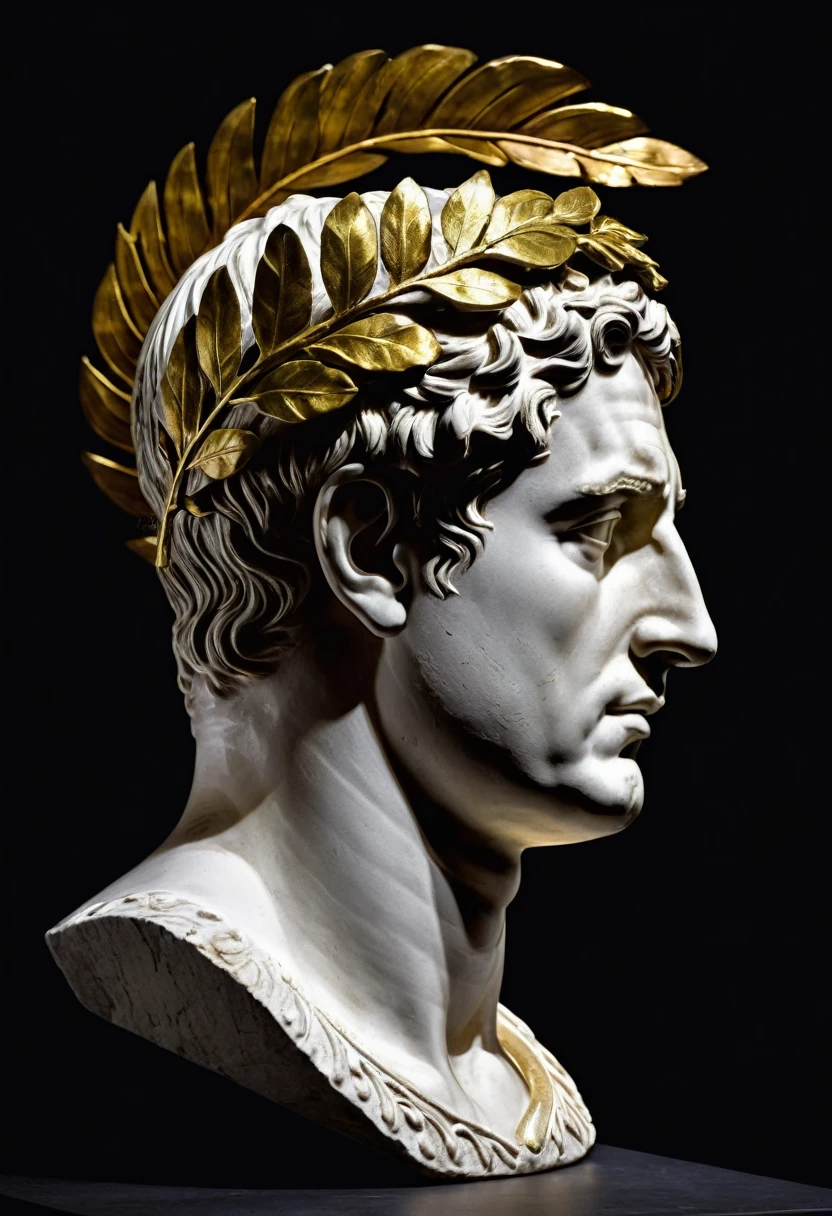 Side view of a roman bust with a solid gold Laurel Wreath on top of it's head, hightlighted with a spotlight and dark background