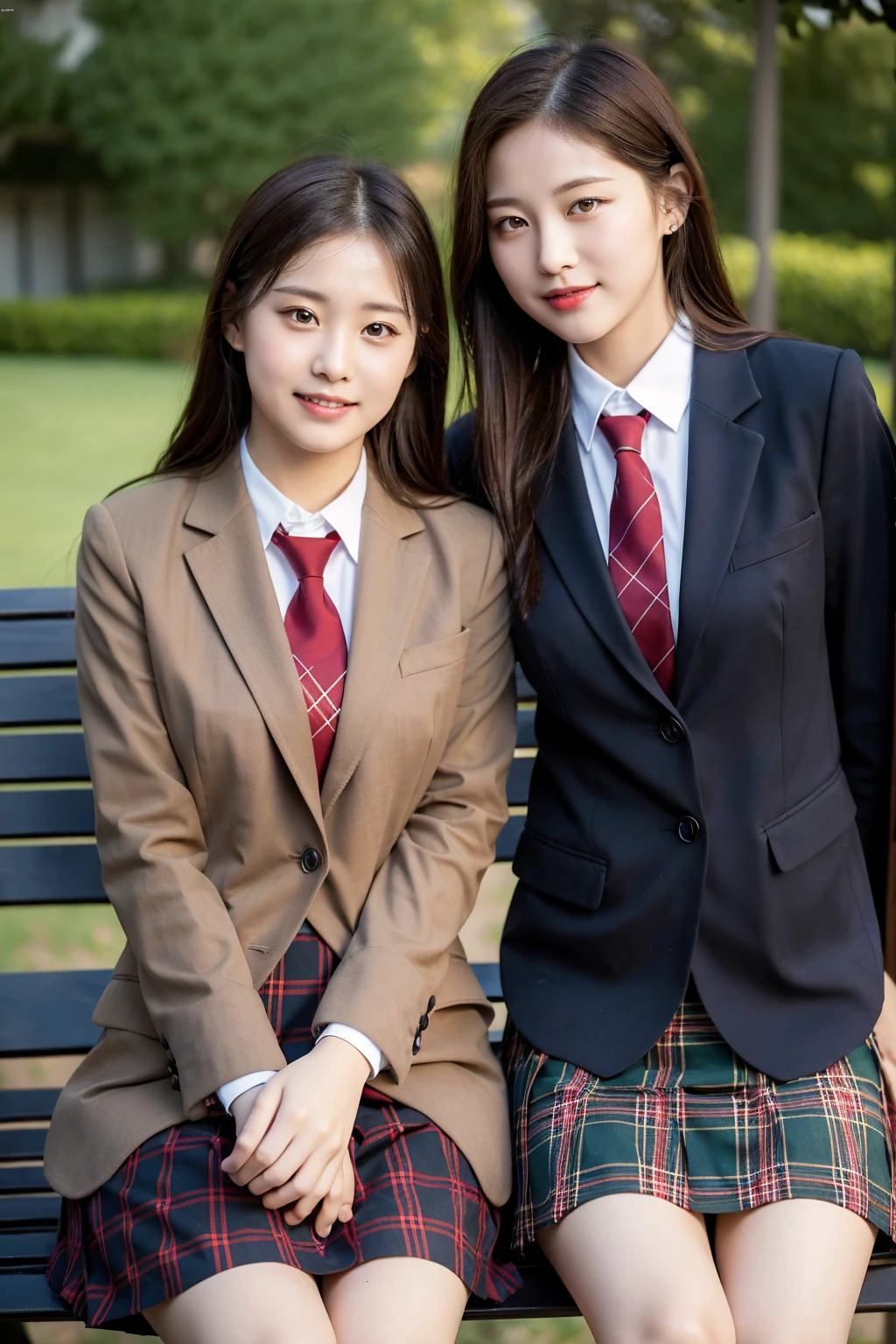 (8k), (best quality: 1.2), (realistic), (realistic: 1.37), ultra high resolution, 1 girl, cute, laugh, closed mouth, beautiful details, beautiful nose, wet hair, huge two cells, pork, thighs，Self Snap,College student ,sunny day,I can see the sea,sitting on a park bench,(Simple light brown blazer 1),(dark brown pleated skirt),Dark red tie,(The pattern of the skirt and tie is a tartan check pattern....:1.3),thighsとニーハイタイツ