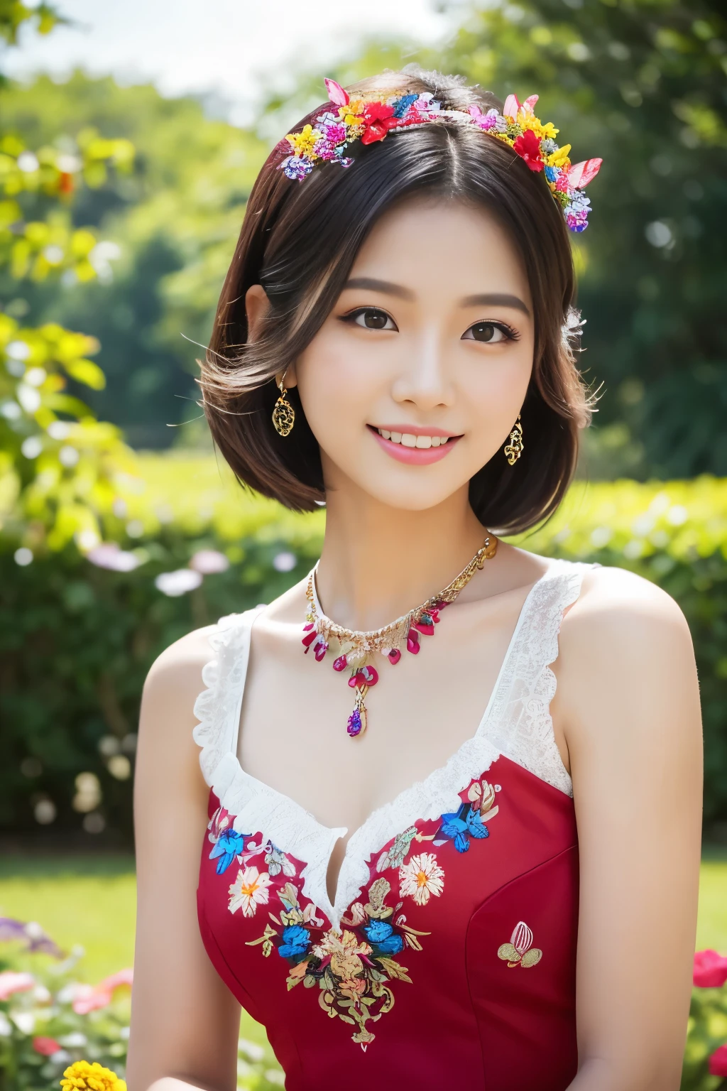 (masterpiece:1.4), (best quality:1.4), ultra high res, ultra high resolution, ((detailed facial features)), HDR, (realistic, photorealistic, photo-realistic:1.37), full body, sexy seductive Thai woman, (seductive smile), (slim girl), long lashes, beautiful makeup, (vivid colors very short hair), fair skin, elegant posture, wearing large sparkling colorful jewelery, wearing a red cosplay dress with black floral embroidery, rainbow-colored butterflies flutter around, it is in a Eastern setting, japanese park in background, lush garden, sunny, in focus, gentle sunlight shining, casting a soft glow on her face, adding warmth to the scene, vibrant colors, capturing the essence of vibrant city life, portrait style, showcasing her natural beauty and grace in a feminine way