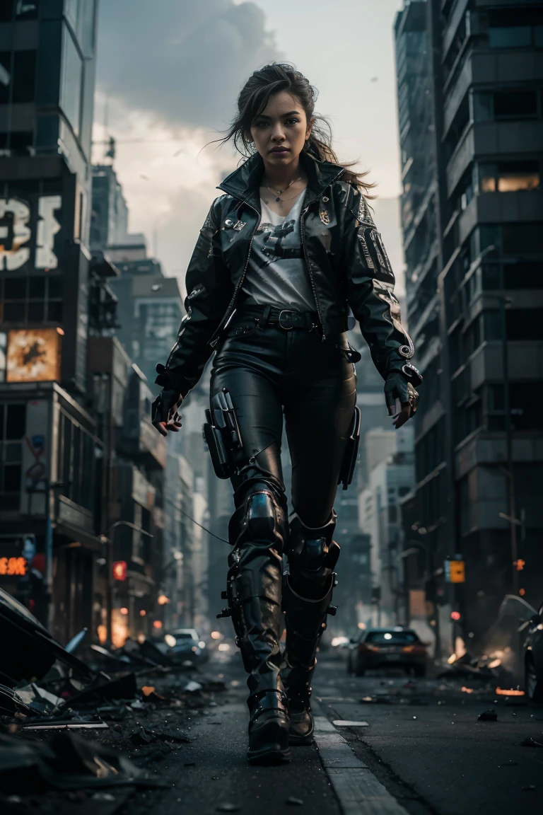 (Highest quality, Ultra HD, 16k, Masterpiece) A powerful girl walks confidently in front of her rugged, futuristic car amidst a chaotic and war-torn metropolis. The shot is a medium to long view, capturing her determined presence and the complete surroundings around her. She gazes ahead with a fierce, unyielding expression, embodying strength and resolve. She wears a fitted mecha tshirt under a stylish jacket and jeans pants, her attire blending practicality with a touch of modern flair. The jacket is detailed with guns, rifles, and utility pockets, enhancing her battle-ready appearance. Her hair is tousled and windswept, adding to her dynamic presence. The car behind her is a heavily modified, armored vehicle, its exterior scarred from countless battles. It stands as a testament to her resilience and resourcefulness, with various gadgets and weapons mounted on its frame. The car's sleek, complements the overall gritty atmosphere. In the background, the entire skyline of the metropolis is visible, partially obscured by smoke and ash. Skyscrapers tower amidst the chaos, many of them heavily damaged with gaping holes and crumbling facades. Explosions light up the scene, casting an eerie glow over the widespread destruction. Spaceships hover menacingly in the sky, engaged in fierce aerial battles, their sleek designs contrasting with the devastation below. The ground is littered with debris and remnants of destroyed structures, adding to the sense of a world torn apart by conflict. Scraps of metal, shattered glass, and remnants of vehicles are scattered across the landscape, emphasizing the scale of destruction. The lighting is dramatic, with sharp contrasts that highlight the textures of her attire and the metallic surface of her car. The interplay of light and shadow emphasizes the intense expression on her face and the chaos in the background. Hollywood action movie. Action film, ((tshirt)), (((fully covered mecha tshirt))), (((mecha jacket on top))), (((guns)))