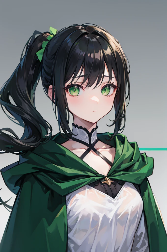 portrait, upper body face through torso, black hair, long wavy side ponytail, eromanga, half closed eyes, green eyes, boring face,dark green cloak, B cup
